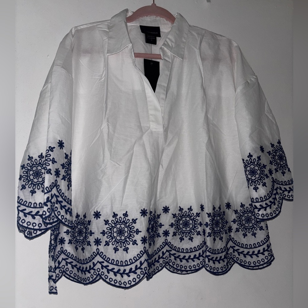 White Embroidered Peasant Top with Navy Blue Trim